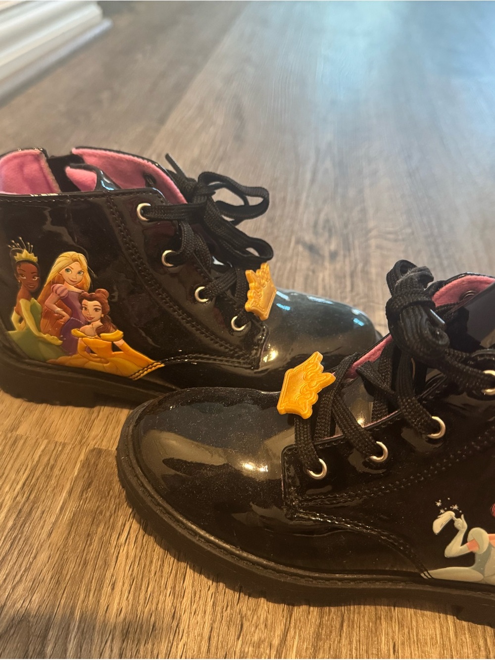 Disney Black Patent Princess Lace-Up Boots with Yellow Accents and Pink Lining
